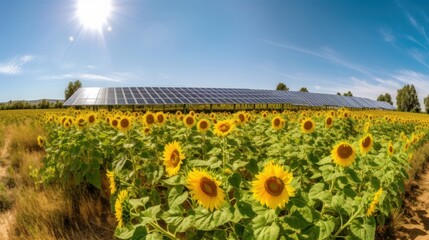 Fototapeta premium field of sunflowers with photovoltaic solar panels, generative, ai
