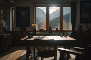 A house in a living room with a wooden table and a mountain picture. Generative AI