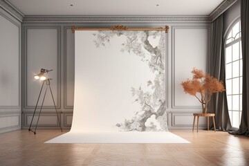 A blank white wallpaper design with a clipping path. 3D rendering of a paperhanging surface mockup. Home decoration tapestry scroll template in a room interior. Generative AI