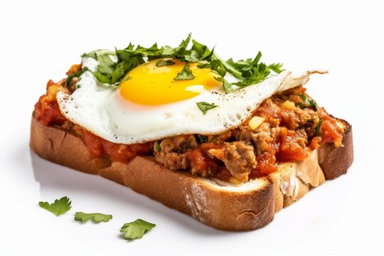 Delicious breakfast toast with refried beans, salsa, cilantro, and fried egg, isolated on a white background. Generative AI