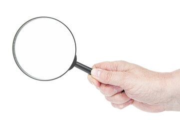 Magnifying lens in hand close up on a white background