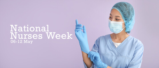 Female medical worker putting on rubber gloves against lilac background. National Nurses Week