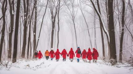 A group of friends cross-country skiing through a beautiful, snow-covered forest, displaying camaraderie and a love for the sport. Generative AI