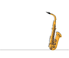 Fototapeta na wymiar Saxophone one line color art. Continuous line drawing of musical, melody, blues, saxophone, jazz, horn, music, sax, musician, trumpet, orchestra.