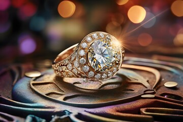A stunning diamond gold ring with light glinting off it. Detailed with smaller diamonds. Colourful store in the background. Generative AI.