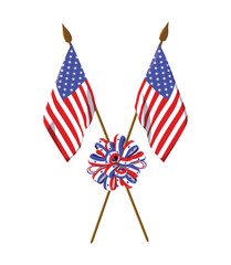 US flags and a striped ribbon bow on a white background. Vector elements for the design of greeting cards for the US Independence Day and Memorial Day.