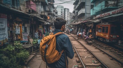 A digital nomad exploring a bustling city with his camera, capturing the local culture and architecture while working remotely. Generative AI