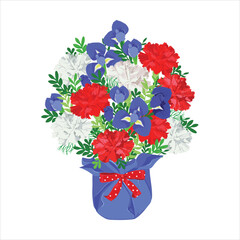 A bouquet of blue irises, red and white carnations. The flowers in the pot are decorated with a red ribbon with stars. Flower arrangement for decoration for the Independence Day of the United States.