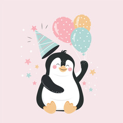 Cute design with funny penguin for birthday, party. Beautiful design for postcards, covers, invitations, packaging. Vector illustration
