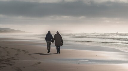 A calming photograph of a couple enjoying a slow walk along a scenic beach, illustrating the beauty of taking time to appreciate the journey. Generative AI