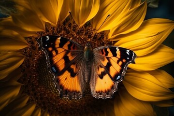 Close-up photo of butterfly on sunflower. Generative AI