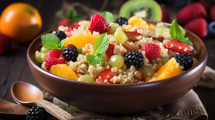 Delicious fruit salad with quinoa grain. Healthy diet, generative ai