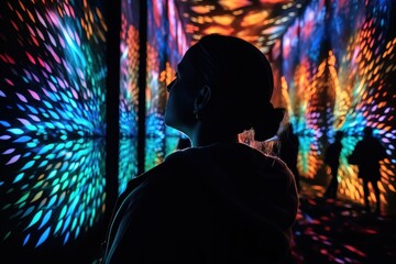 An awe-inspiring image of a person watching a 3D projection mapping show, capturing the wonder and excitement of immersive visual experiences. Generative AI - obrazy, fototapety, plakaty