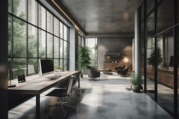 Grey modern office with conference and workspace by window. Generative AI