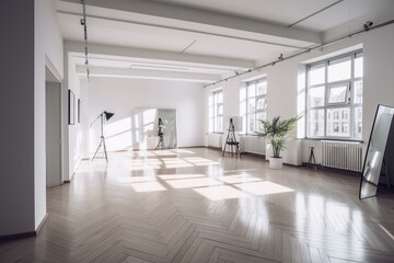 Bright studio interior with white wall seen from the front. Generative AI