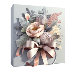 Light blue gift box with voluminous floral decor. Isolated. Generative AI  