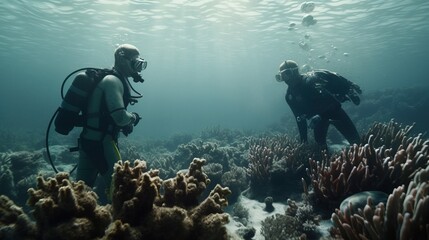 A photograph of a diver swimming among coral reefs, with a focus on the difference in color and health between a protected reef and a damaged one. Generative AI