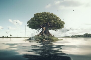 Combination of nature and technology with a tree and water element. Generative AI