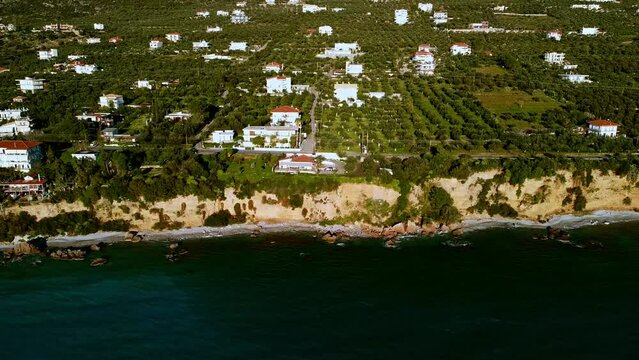 Aerial view of Kalamata shoreline at dusk