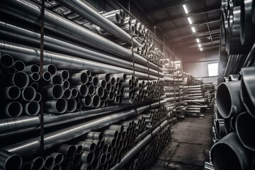 Piles of metal pipes in aluminum factory warehouse. Generative AI