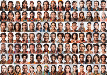 Aboriginals of indigenous natives from all the world. Mosaic collage head shot portraits. Generative AI