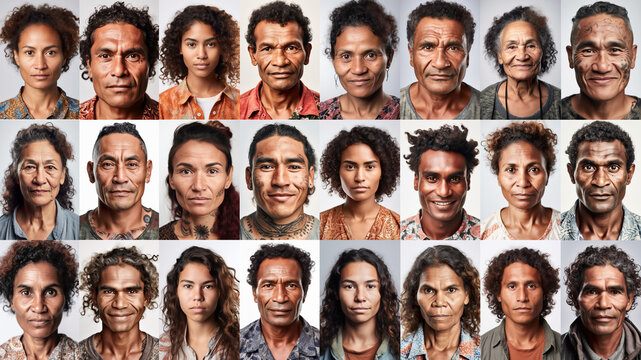 Oceanic or Polynesian native indigenous people mosaic portrait over studio shot background. Generative AI