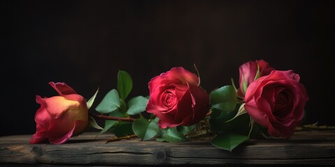 Fototapeta na wymiar Close up shot of Magenta roses over wooden table and dark background. Generative AI
