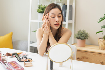 Happy beauty, skincare concept, smile beautiful healthy asian young woman, girl makeup brush apply...