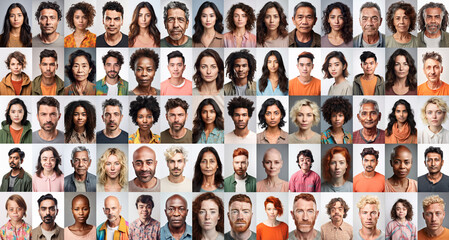 Big collage of multiethnic and multicultural real people representing diversity in the world. Generative AI - obrazy, fototapety, plakaty