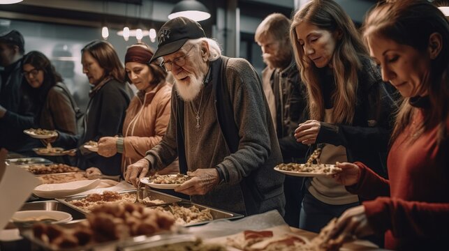 A group of people volunteering at a food bank or homeless shelter, providing warm meals on Thanksgiving Day. Generative AI