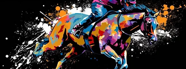 Muurstickers Equestrian sport horse jump colorful splash. Generative AI   © Diatomic
