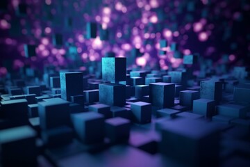Abstract backdrop in blue & purple with cubes and mesh for screens. Generative AI