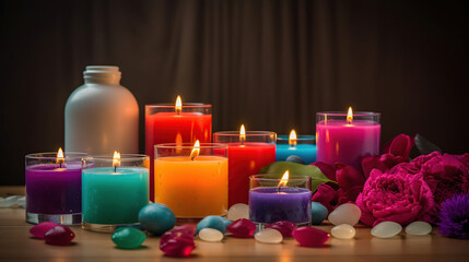Obraz na płótnie Canvas Composition of spa treatment on table colorful candle background, generative ai