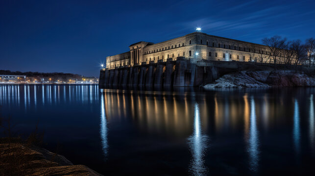 Beautiful Night of the hydroelectric power plant on the river, dusk, long exposure, generative ai