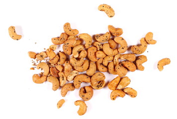 Fototapeta na wymiar Spicy cashews nuts with black pepper isolated on white, top view