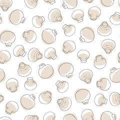 Vector seamless pattern, hand-drawn, with champignons isolated on a white background. Endless texture with mushrooms in sketch style.