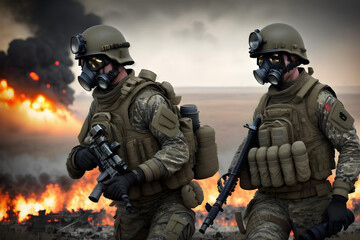 Soldier in war zone, with explosions and burning buildings.