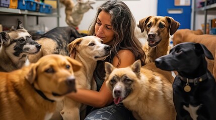 Wide shot of an animal shelter volunteer cuddling with rescued dogs, celebrating World Animal Day. Generative AI