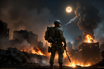 Soldier in war zone, with explosions and burning buildings.