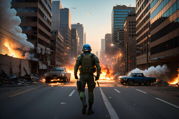Soldier in war zone, with explosions and burning buildings.