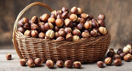 Hazelnut in a beautiful basket. ai generation