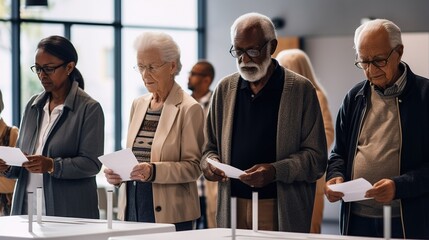 A diverse group of people voting in a local election, emphasizing the importance of democracy. Generative AI