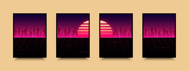 Poster in cyberpunk style. Neon vector color design, future city sunset.