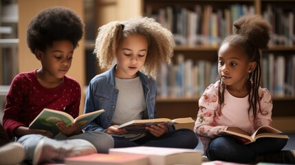 Diverse group of children reading books together in a library. Generative AI