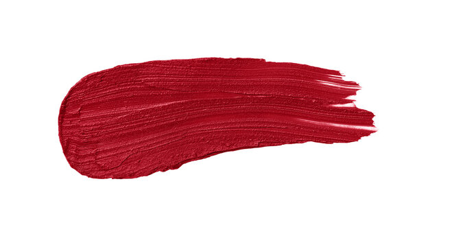 Red lipstick swatch isolated on transparent background. Brush stroke of lipstick or wet eye shadow for design.