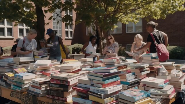 Community book exchange, with people donating and taking books to promote literacy. Generative AI