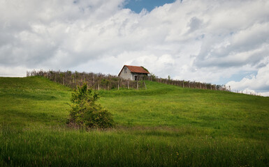 Beautiful landscape scenery with lovely house on the green hill at Klenice, Croatia, county hrvatsko zagorje 