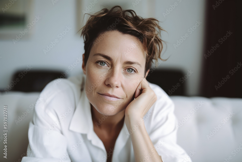 Wall mural woman with short hair looking at the camera. generative ai.