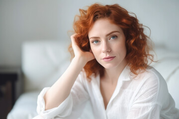 Fototapeta premium Red haired woman relaxing at home. Generative AI.