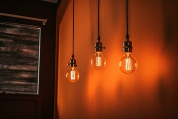 Three hanging light bulbs in a room with an orange wall and two light switches. Generative AI